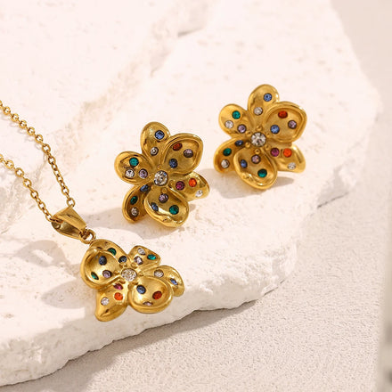 Dreamshow Flower Necklace Colorful Zircon Necklace Earring Jewelry Set Gold Plated Stainless Steel Jewelry