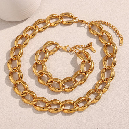 Dreamshow Chunky Chain Necklace Hand Made Statement Jewelry 18k Gold Plated Stainless Steel Necklace Bracelet Set