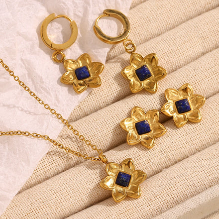 Dreamshow Gemstone Jewelry Set Flower Pendant Necklace 18k Gold Plated Jewelry Set Stainless Steel Jewelry