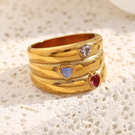 Dreamshow Three Layer Zircon Heart Jewelry Ring 18k Gold Plated Stainless Steel Rings