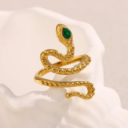 Dreamshow Vintage Jewelry Green Zircon Ring Snake Signet Ring 18k Gold Plated Stainless Steel Jewelry