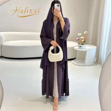 Hafizah 2026 Dubai Luxury Purple Scallop Edge Muslim Open Abaya With Hijab