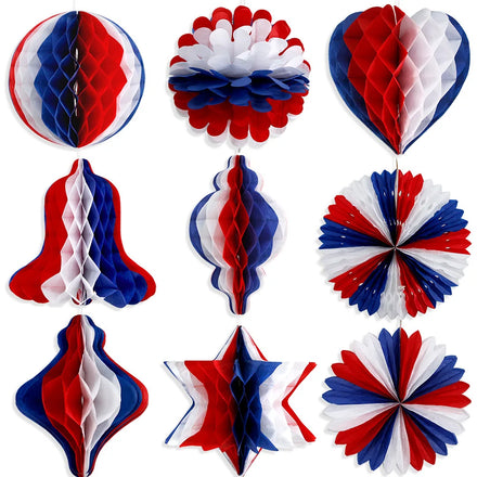 4th of July Honeycomb Ball Pendant American Flag Patriotic Party Decor Red White Blue Paper Gourd Shaped Hanging Ornament