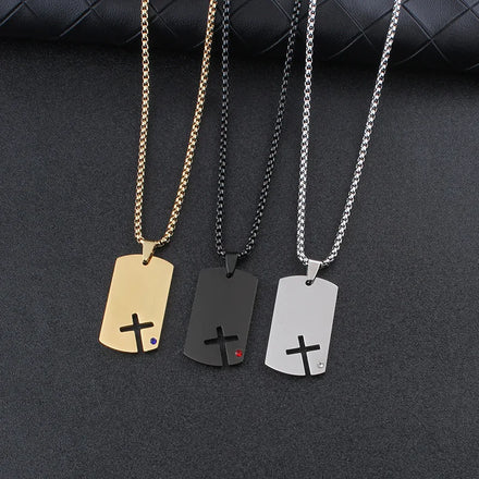 European American Minimalist Style Men's Trendy Fashion Cross Pendant Necklace Titanium Gold-color Plated Long Woolen Link Chain