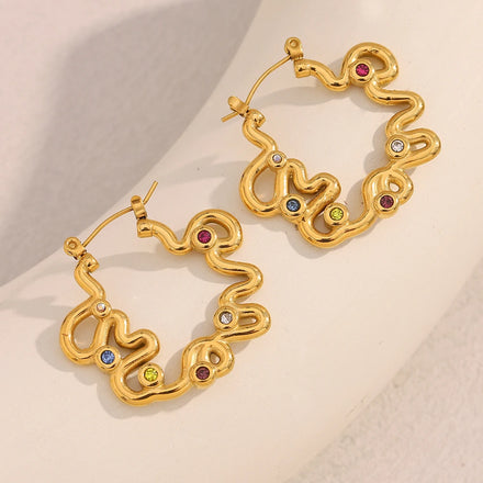 Dreamshow Irregular Twisted Hoop Earring Summer Fashion Colorful Zircon Jewelry Gold Plated Stainless Steel Earring