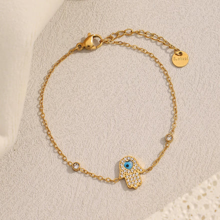 Dreamshow Vintage Jewelry Evil Eye Zircon Hand Chain Bracelet Gold Plated Stainless Steel Jewelry