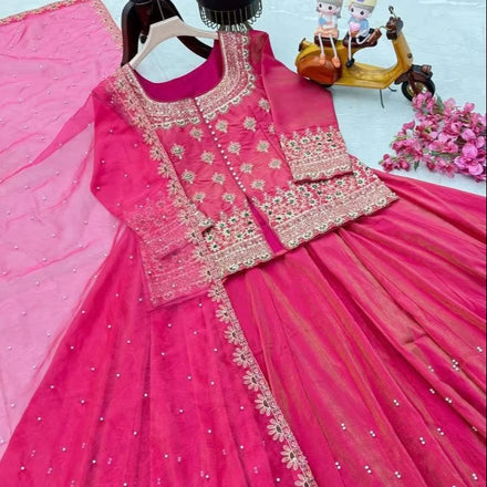Glamorous Summer Wedding Girls' Indian & Pakistani Choli & Dupatta Set Stylish Sequence Work Embroidery Simmer Silk Ankle-Length