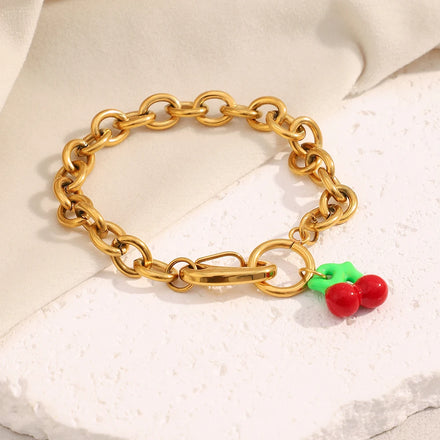 Dreamshow Acrylic Colorful Cherry Charm Bracelet 18k Gold Plated Jewelry Stainless Steel Chain Bracelet