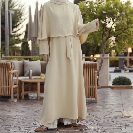 Loriya Modest Soft Crepe Batwing Cape Elegant Abayas Dubai Evening Dress 2-Piece Set Breathable Women's Long Maxi Muslim Abaya