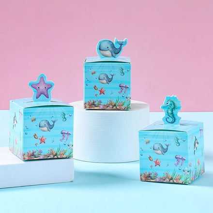 24pcs Blue Ocean Animals Theme Square Candy Paper Box for Baby Shower Gifts Birthday Party Supplies Packaging Candy Gift Boxes