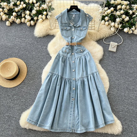 Summer Turn-down Collar Tunic Slim Pleated Midi Dress For Women Sleeveless Empire Denim Dress