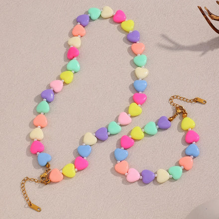 Dreamshow Acrylic Jewelry Colorful Heart Necklace Fashion Jewelry Set Stainless Steel Necklace