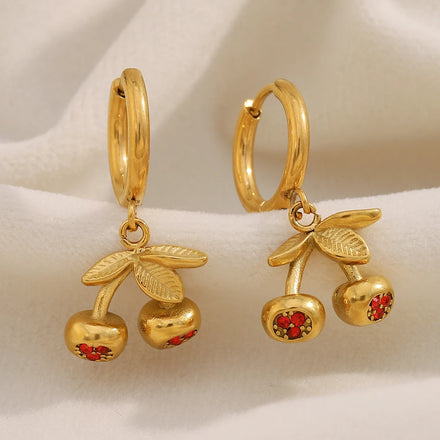 Dreamshow Zircon Jewelry Cherry Drop Earring 18k Gold Plated Stainless Steel Jewelry