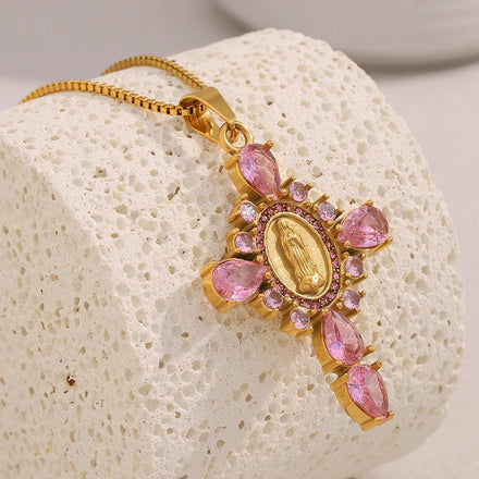 Dreamshow the Virgin Mary Cross Pendant Necklace Pink Zircon Jewelry Gold Plated Stainless Steel Necklace