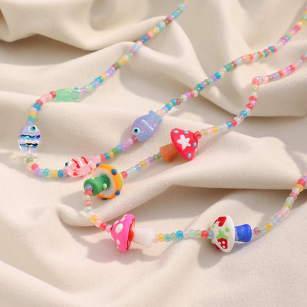 Dreamshow Summer Fashion Necklace Set Colorful Acrylic Fish Mushroom Bead Necklace