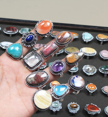 Assorted Rings At Factory Cost Fashion Jewelry Wholesale Solid Brass Material Silver Plated Multi Gemstone Bezel Set Mixed Shape