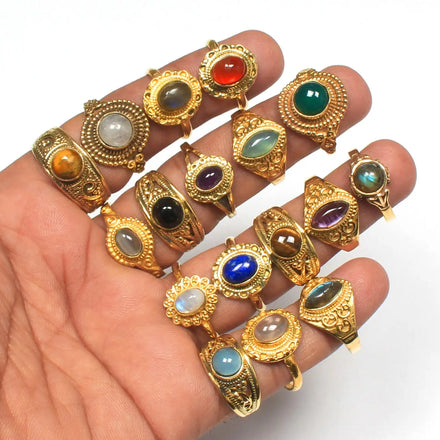 Wholesale 18k Gold Plated Solid Brass Fashion Jewelry Gemstone Women Bohemian Retro Vintage Colorful Natural Stone Bezel Rings