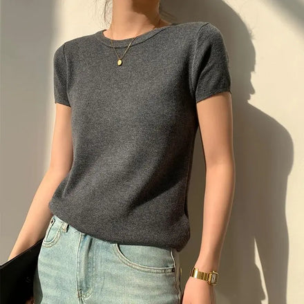 American Style Short-Sleeve T-Shirt for Women - Spring/Summer 2025 New Collection Slim-Fit Base Layer Stretchy Wool Knit Top