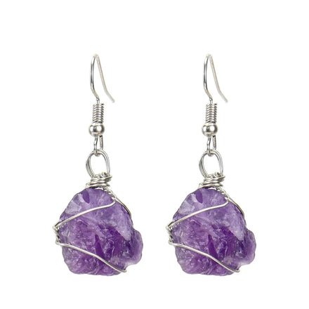 Wholesale Natural Crystal Stone Wire Wrapped Eardrop Amethyst Earrings for Women Jewelry