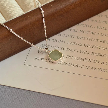 Newest Design Natural Stone Gemstone Geometric Square Aquamarine Necklace for Women