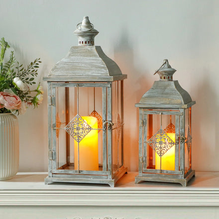 Set Of 2 European Style Garden Candle Lantern Hanging Grey Brushed Gold Metal Lantern Freestanding Wedding Decoration Lantern