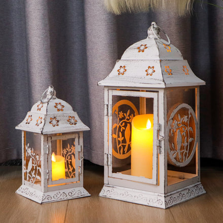 2PCS Make Old Design Candle Lantern Portable Outdoor Metal Lantern Exquisite Pattern Decorative White Vintage Lantern