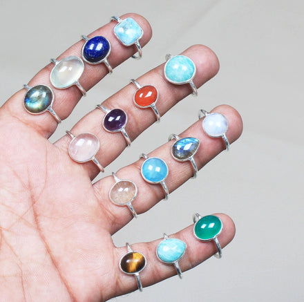 Stackable Rings Fashion Jewelry Lots Daily Wear Mixed Shape Multi Color Assorted Crystal Solid Brass Silver Plated Bezel Setting