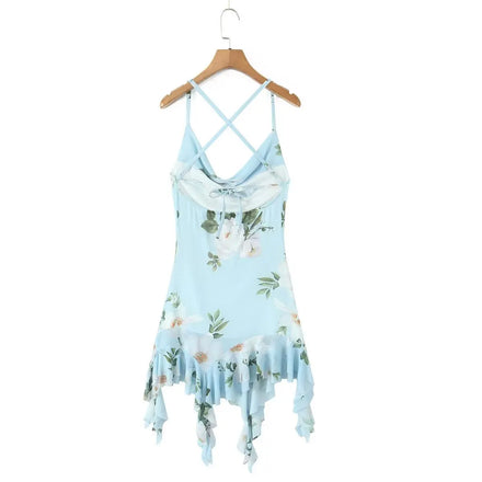 Euro-American Vintage Floral Asymmetric Knit Slip Dress Classic Versatile Cowl Neck Tank for Spring Summer Autumn New Arrival