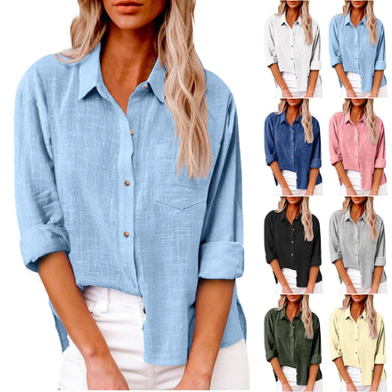 Bestseller Women's Linen Shirt Pocket Slit Long Sleeve Plain Dyed Polyester Woven Button Decoration for Summer Ladies Tops