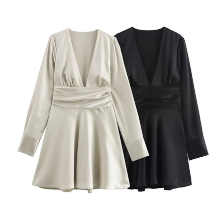 Autumn New Collection: Euro-Chic V-Neck Satin Mini Dress - High Waist Elegance