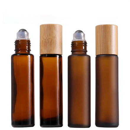 Bamboo Roll on Bottles 5/10/15mlml Perfume Essential Oil Roller Bottles Amber Refillable Steel Ball Glass Bottle With Bamboo Cap