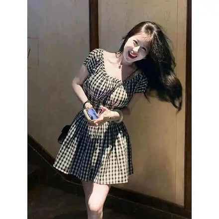 Plus-Size Floral French Retro Plaid Ruffled Bubble Sleeve Dress Summer Elegant Slim-Fit A-Line Dress for Women