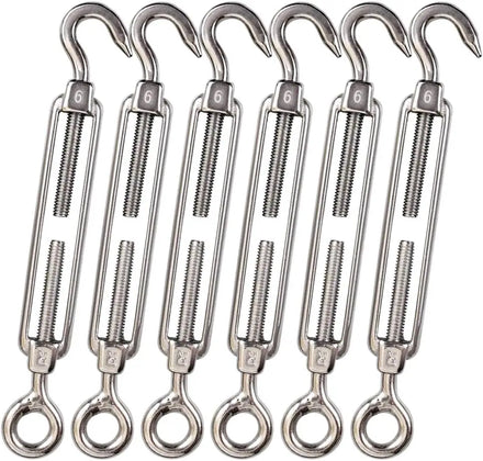 M6 Heavy Duty Stainless Steel 304 Turnbuckle Kit 6-Packs Anti-Rust Hook Eye for Sun Shade Tent Wire Rope Installation Closed