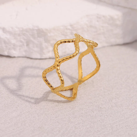 Dreamshow Water Wave Engraved Open Ring 18k Gold Plated Jewelry Tarnish Free Jewelry Stainless Steel Ring