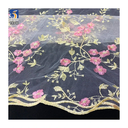 YX695 Ready-To-Stock Wholesale Embroidery Mesh 100% Polyester Pink Florals Embroidery Tulle Fabric for Girls Skirt Making