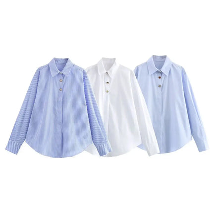 Women's Oversized Long Sleeve Blue Striped Shirt European American Style Button Instagram-Worthy Top for Autumn Spring Summer