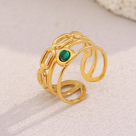 Dreamshow Summer Jewelry Malachite Multi-layered Open Ring Gemstone Gold Plated Jewelry Natural Stone Stainless Steel Ring