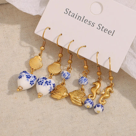 Dreamshow Blue and White China Flower Fashion Drop Earrings Gold Plated Jewelry Set Stainless Steel Earrings