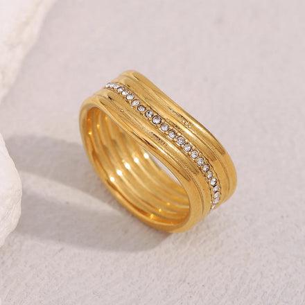 Dreamshow Multi-layered Irregular Zircon Ring Vintage Gold Plated Jewelry Engagement Stainless Steel Fashion Ring