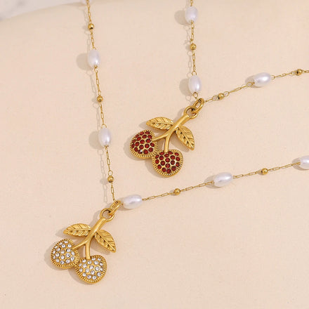 Dreamshow Imitation Pearl Jewelry Zircon Cherry Pendant Necklace Set Gold Plated Stainless Steel Jewelry