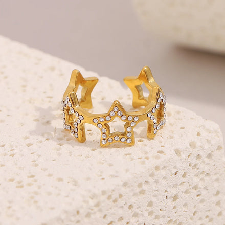 Dreamshow Zircon Jewelry Star Fashion Rings for Women 18k Gold Plated Jewelry Stainless Steel Open Ring