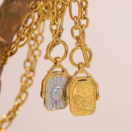 Dreamshow Vintage Jewelry Double Side Engraved Moon Sun Pendant Necklace Statement Jewelry Stainless Steel Necklace