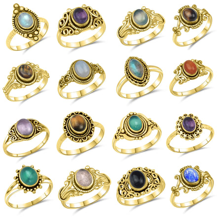 Multi Assorted Natural Oval Shape Crystal Bezel Fashion Rings Premium Quality Silver Plated Brass Ring Lot Religious Style