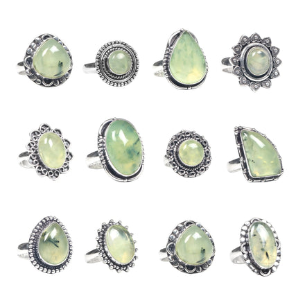 Vintage Geometric Women's Emotional Healing Spiritual Fashion Handmade Designer Prehnite Crystal Bezel Set Rings Silver Plated
