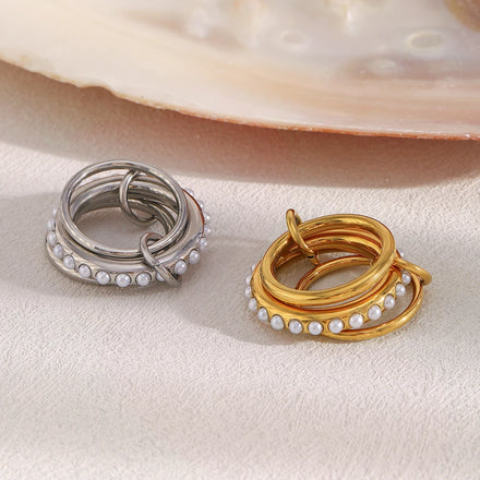 Dreamshow Multi-layered Imitation Pearl Stacking Ring Set Fashion Gold Plated Stainless Steel Jewelry