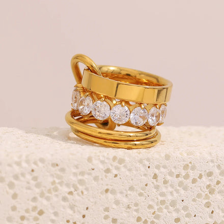 Dreamshow Multi-layered Zircon Gold Plated Ring Fashion Tarnish Free Waterproof Stainless Steel Jewelry