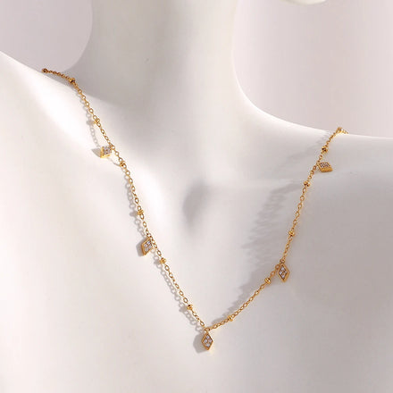 Dreamshow Rhombus Zircon Charm Necklace Gold Plated Waterproof Beaded Stainless Steel Jewelry