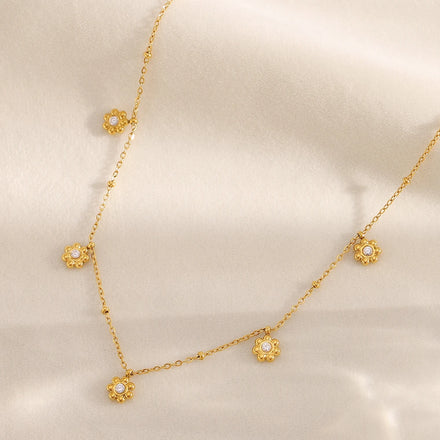 Dreamshow Flower Charm Bead Chain Necklace Zircon 18k Gold Plated Stainless Steel Jewelry Fashion Jewelry Women
