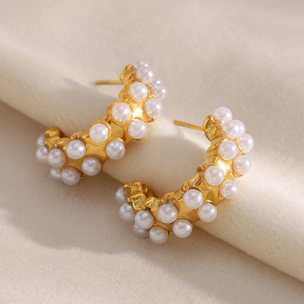 Dreamshow Imitation Pearl Double Layer Fashion Stud Earrings Jewelry Women 18k Gold Plated Stainless Steel Jewelry