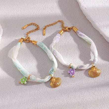 Dreamshow Silk Ribbon Summer Fashion Shell Charm Bracelet Waterproof Tarnish Free 18k Gold Plated Stainless Steel Jewelry